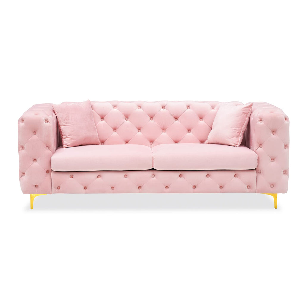 75" Mid Century Modern Sofa with Tufted Back, Gold Metal Legs, Pink
