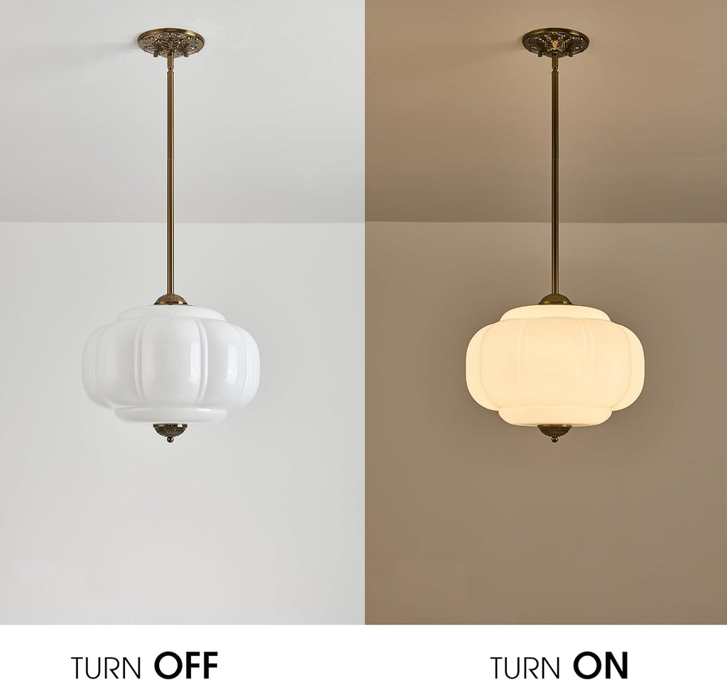 Milk Glass Ceiling Light Fixture, 15" Vintage Semi Flush Mount Pendant Light with Antique Brass Finish, Schoolhouse