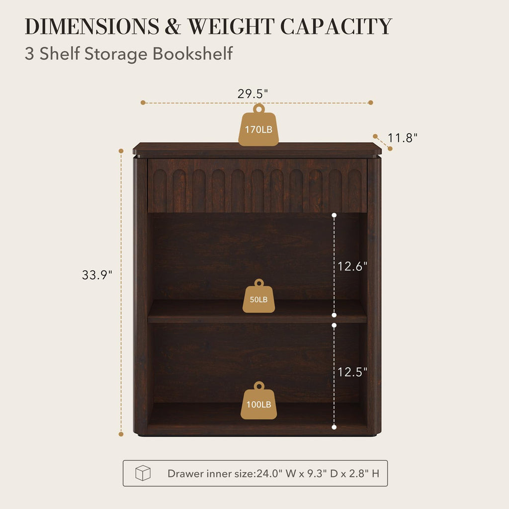 3 Tier Wood Bookshelf, Short Bookcase, Brown Cherry