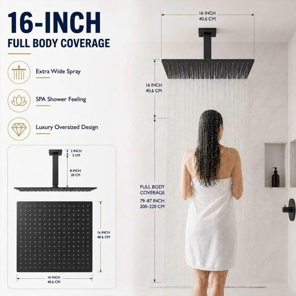 Black Rainfall Shower Head 16 Inch Square Ceiling Mounted Showerhead, Ultra Thin Stainless Steel Overhead Shower