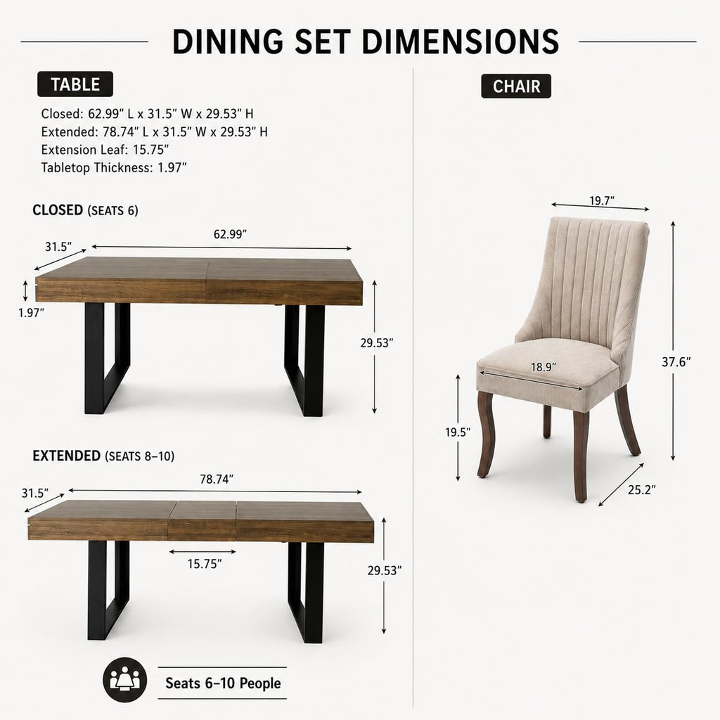 Extendable Dining Table Set for 6, 63"-79" Large Rustic Kitchen Table Set