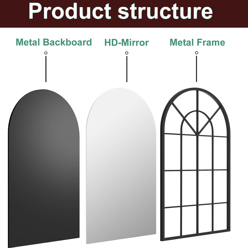 Arched Wall Mirror, 30"x20" Metal Frame Windowpane Mirror, Black