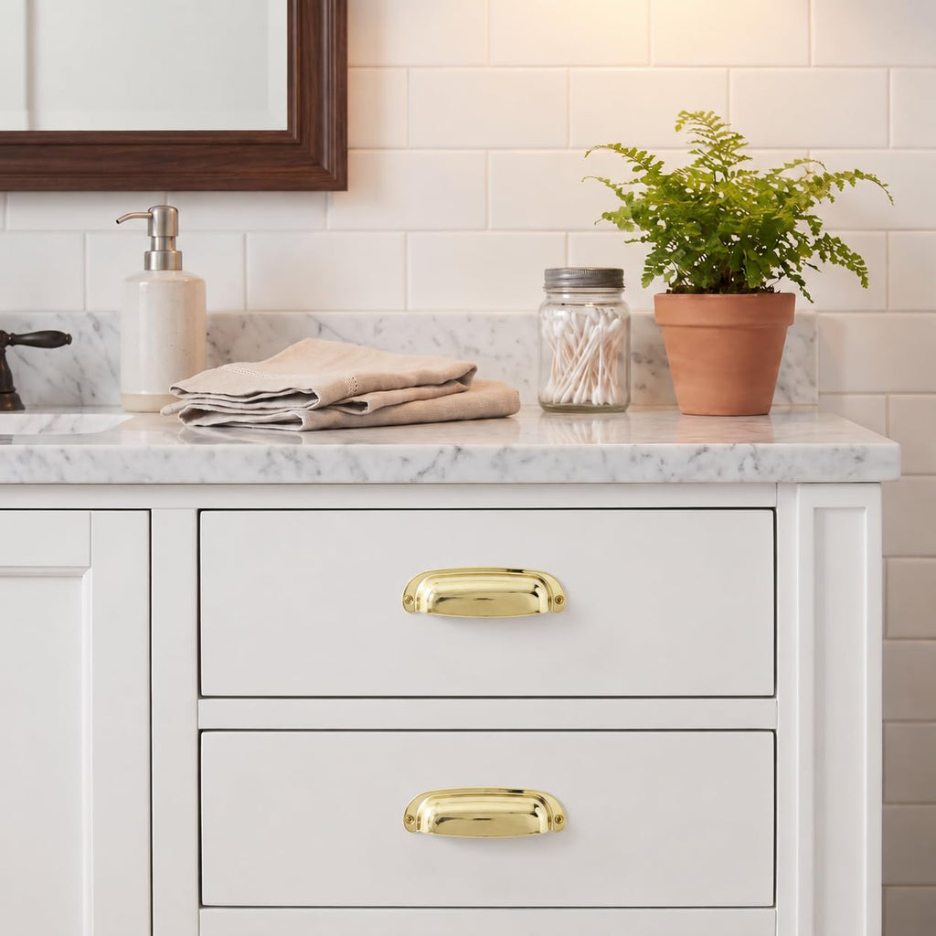 2 Pack 3"(76mm) Hole Center Retro Polished Gold Drawer Pulls Polished Brass Cabinet Bin Cup Pulls Bathroom Hardware