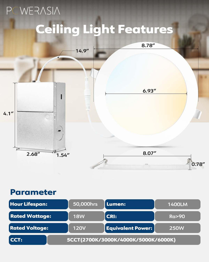 2 Pack 8 Inch LED Recessed Lighting, 5CCT Canless Wafer, White