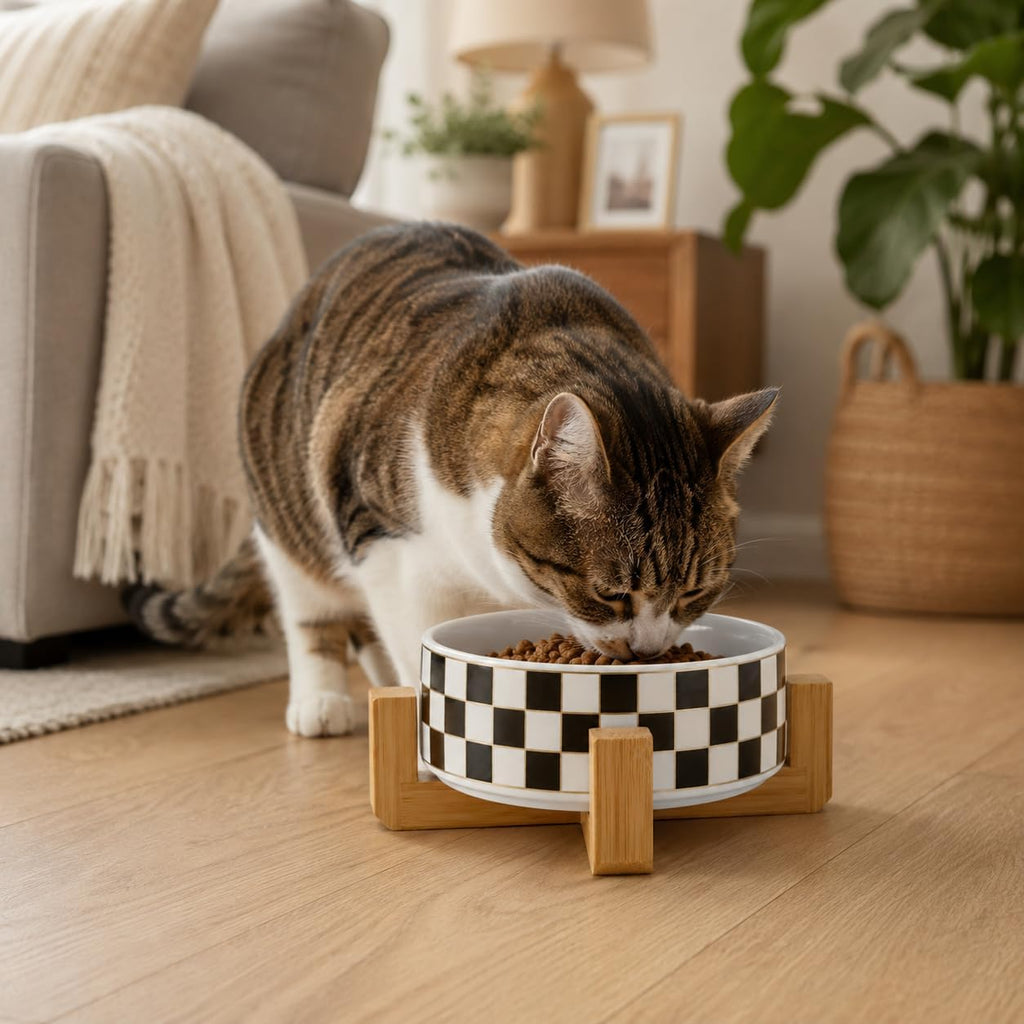 Checkered Ceramic Dog Bowl with Wood Stand, Black and White Dog Food and Water Bowl Set, Elevated Puppy Food Bowls