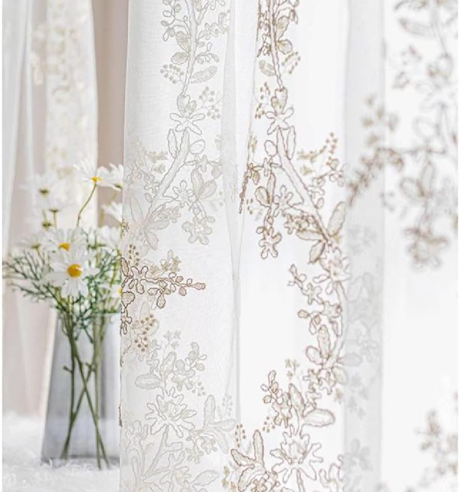 1 Pair Luxury Embroidered Tulle Curtains for Living Room Wedding 3D Gold Flower Sheer Curtains (White,63x96 Inch)