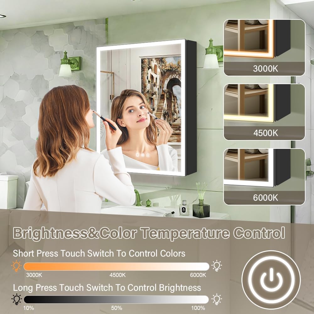 Aluminum Medicine Cabinet with Light,Stepless Glass Shelf,3 Colors Temperature,Dimmer,Backlit Lighting,Internal