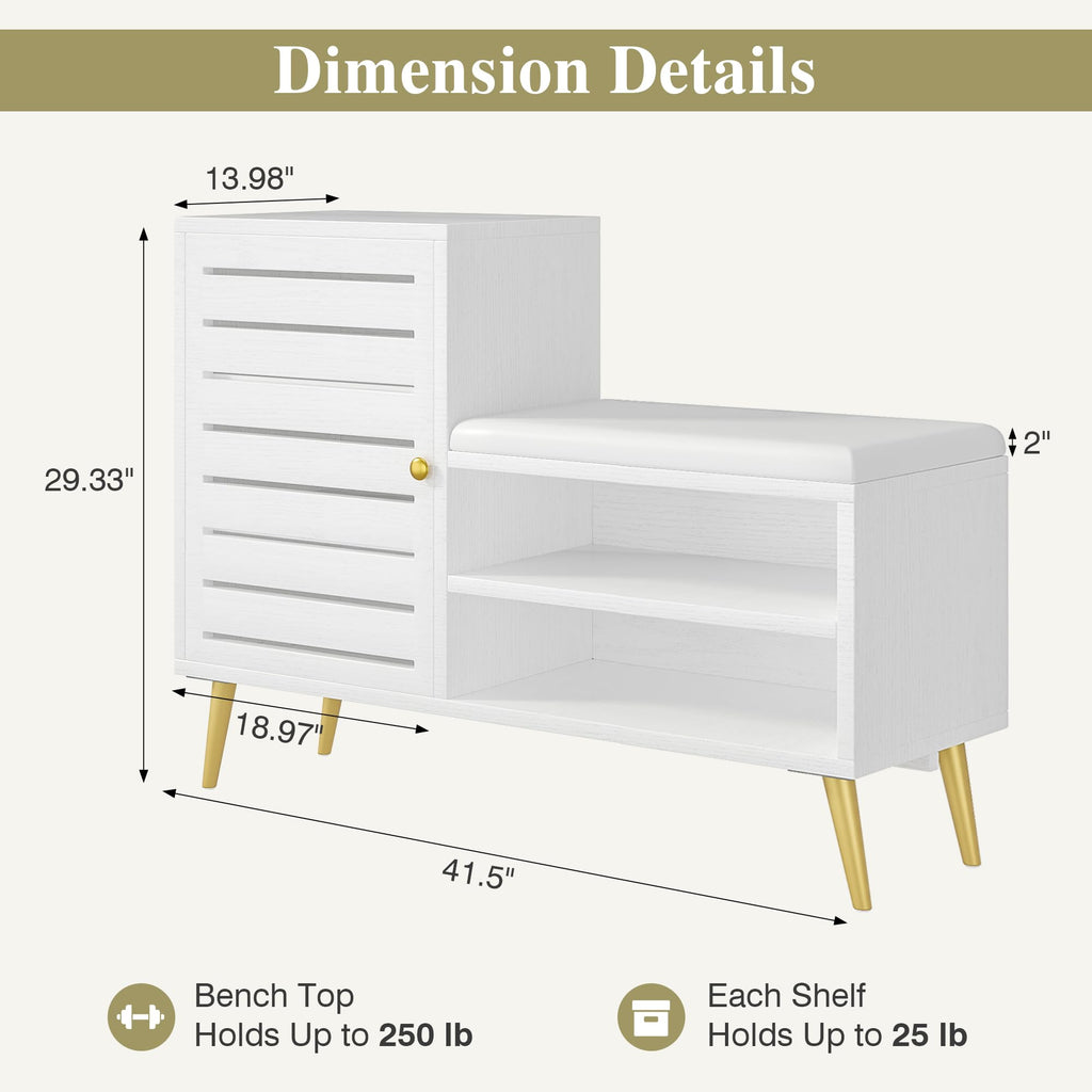 Shoe Storage Bench with Door&Shelf, Entryway Bench with Seat Cushion, L-Shaped, White