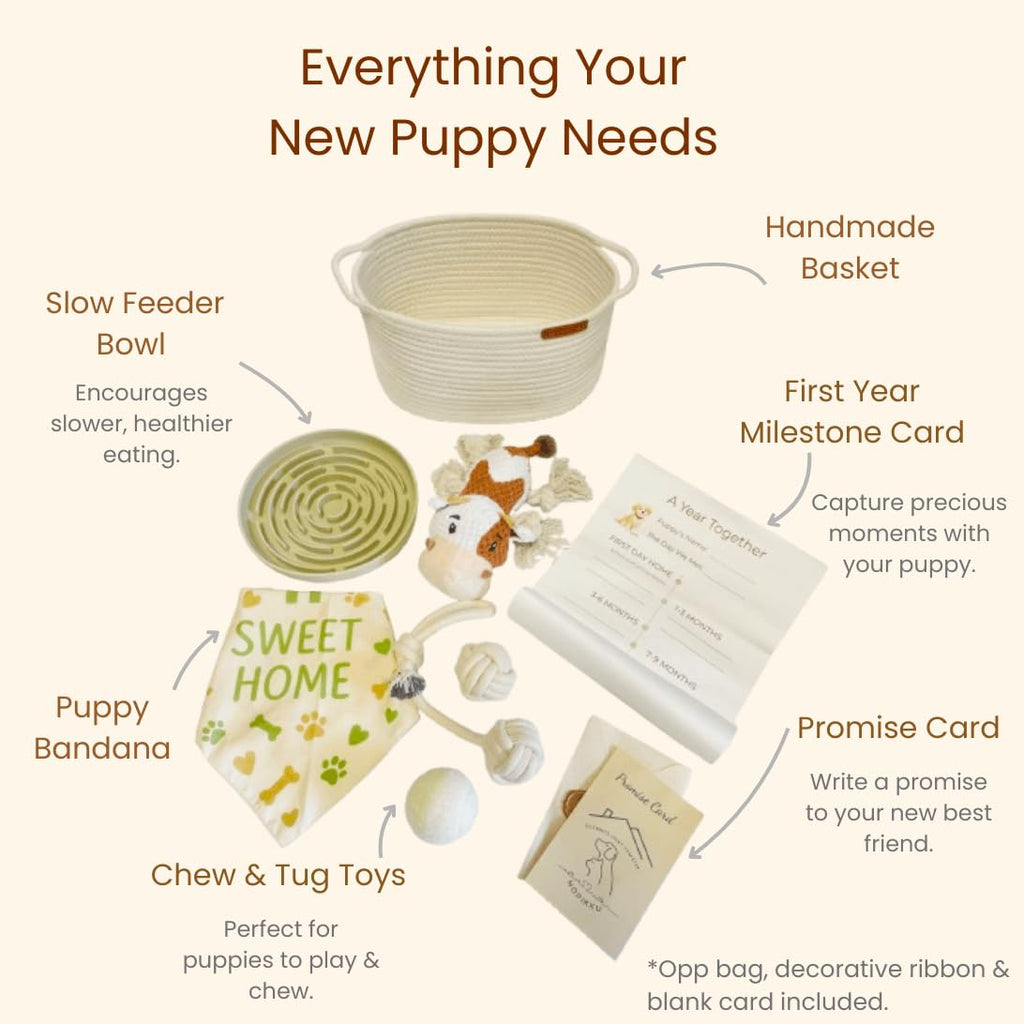 Puppy Welcome Home Gift Box - New Puppy Gift Basket with Toys, Slow Feeder & Milestone Card, Perfect Puppy Starter