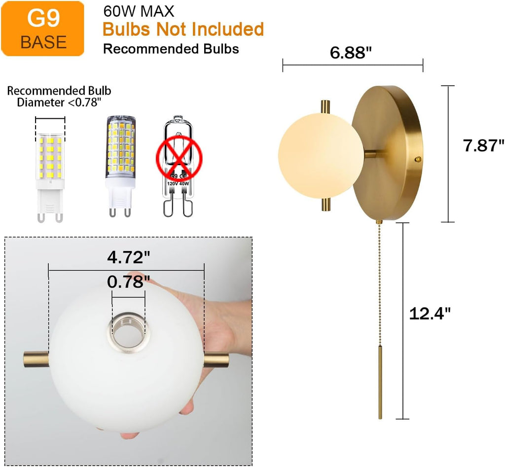 Modern Gold Pull Chain Wall Sconce with Milk Glass Globe Shade | Glass Wall Light, Vintage, G9 Base, Bedroom, Living