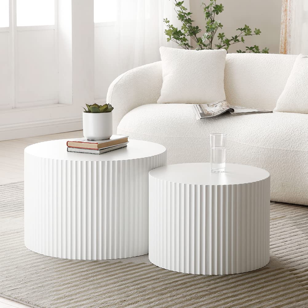 White Round Coffee Nesting Coffee Set of 2 Contemporary Circle Coffee Fluted Side Tables End Office