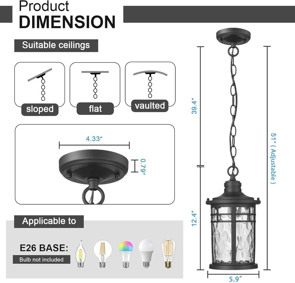 Outdoor Pendant Lights for Porch, Outdoor Chandelier Hanging Porch Lights Outside Ceiling Mount Aluminum with Water