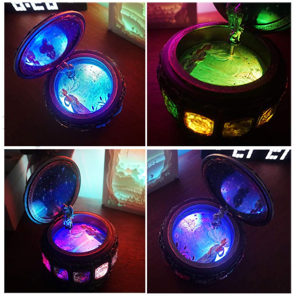 Vintage Music Box with Constellations Rotating Goddess LED Lights Twinkling Resin Carved Mechanism Musical Box with