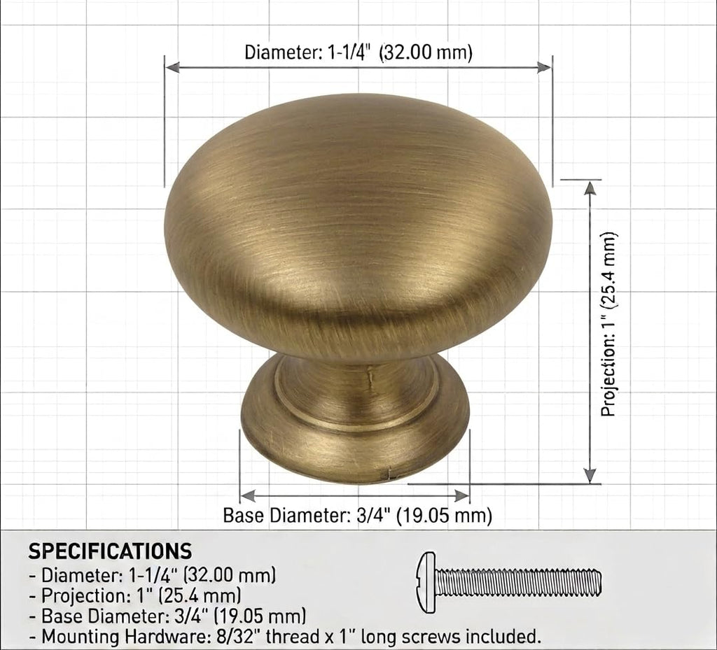10 Pack 4950BAB Brushed Antique Brass Round Mushroom Knob 1-1/4 Inch