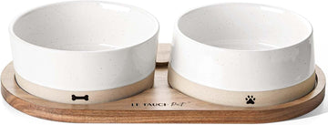 Ceramic Dog Bowl Set with Acacia Wood Tray, 3.2 Cup Food Bowl + 29 oz Water Bowl, Weighted Non-Slip Feeding Station