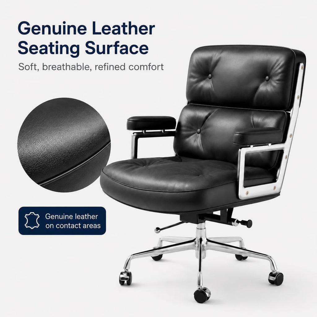 Home with Top Grain Leather, Padded Armrests, Mid-Back Upholstered Executive Leather Desk Chair, Aluminum Frame