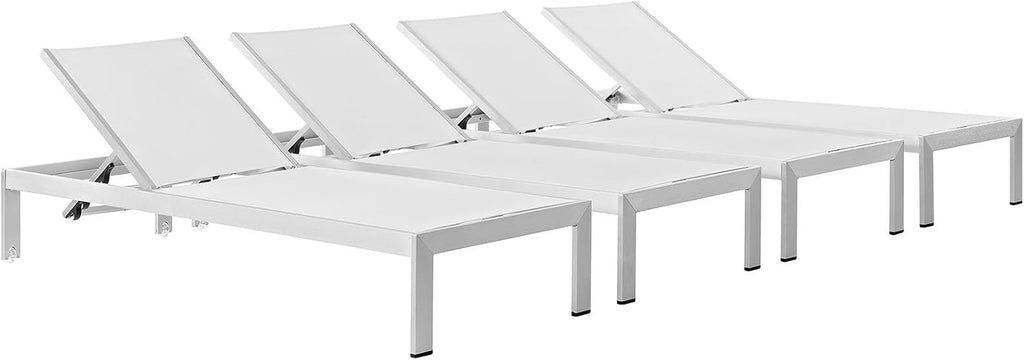 Shore Aluminum Textilene Mesh Outdoor Patio Four Poolside Chaise Lounge Chairs in Silver White