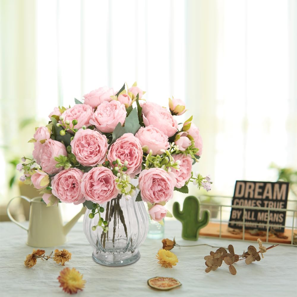 Artificial Peonies Silk Flowers in Glass Vase Faux Flowers Bouquets Modern Penoy Arrangement 4 Pack Decoration Table - Set of 4