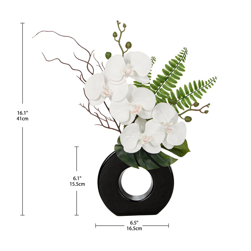 16.1" Orchid Artificial Flowers in Black Ceramic Vase, White