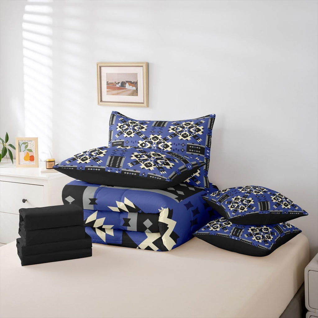 Navy Blue Southwestern Comforter Set 7-Piece Bed in a Bag | Lightweight Aztec Tribal Bedding Sets Black White