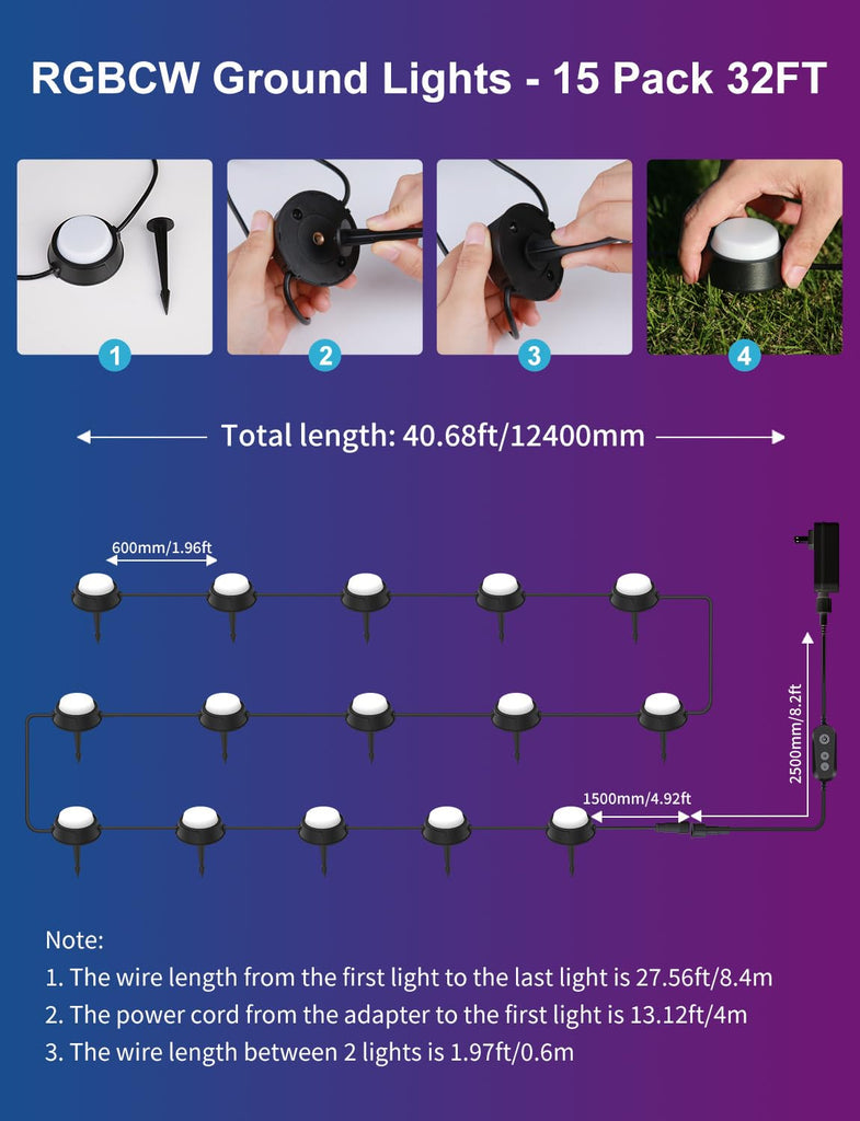 Outdoor Ground Lights 15 Pack, 32FT RGBCW Pathway Lights Wired