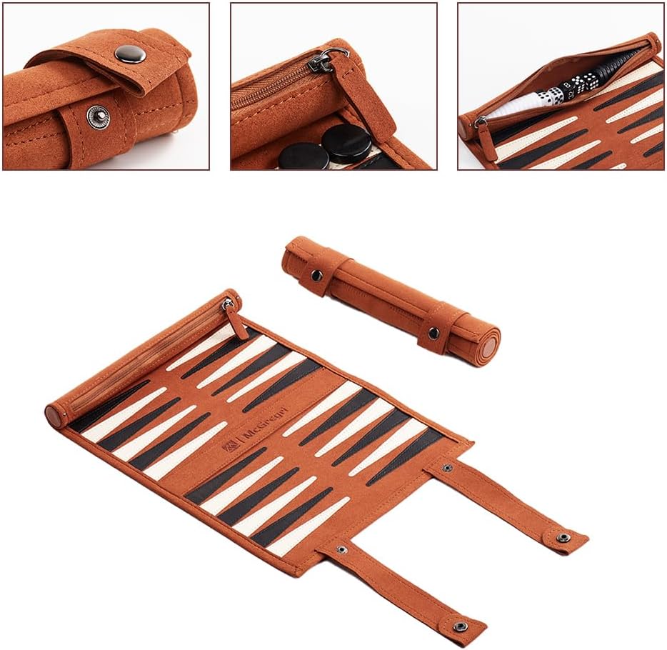 Travel Backgammon Set, Roll-Up Leather Board Game - Set of 500