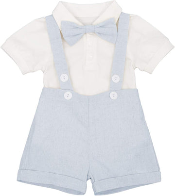 Baby Boys Formal Suit Set Short Sleeve Romper Suspenders Shorts Pants Bowtie Wedding Tuxedo Outfits Cake Smash Clothes