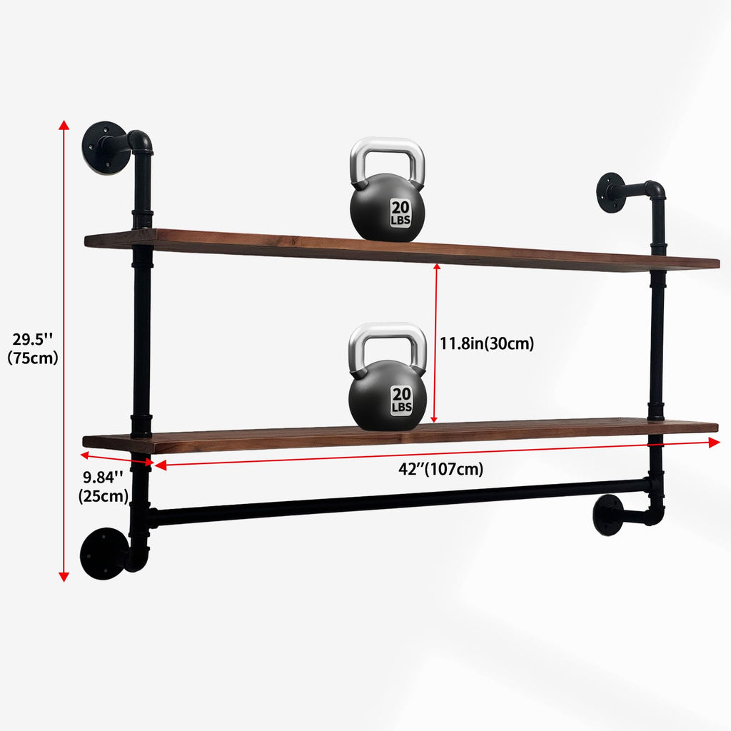 Industrial Pipe Shelving Wall Mounted, Pipe Shelves with Plank(2 Tier 42In)