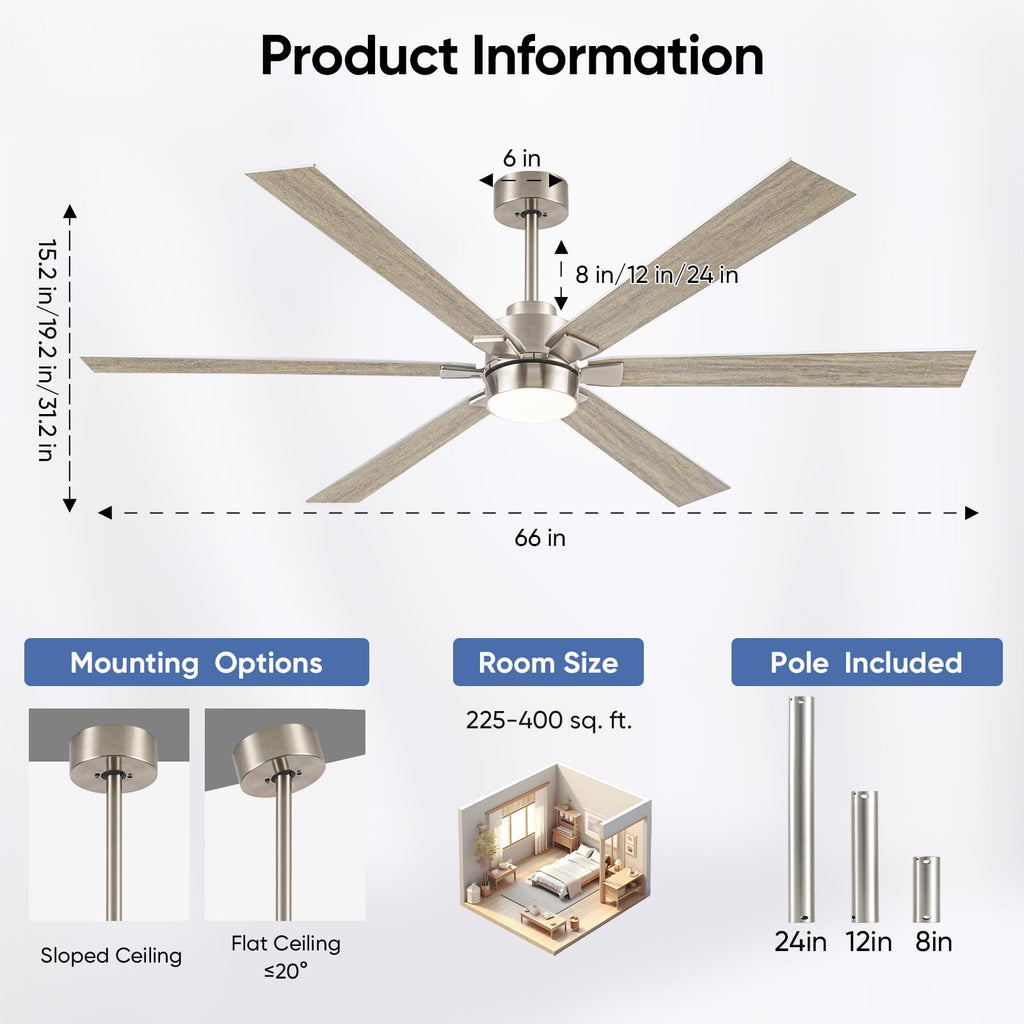 66 Inch Outdoor Smart Ceiling Fan with Light, Alexa/APP/Remote Control, 6 Modern Oak Blades Damp Rated, High CFM