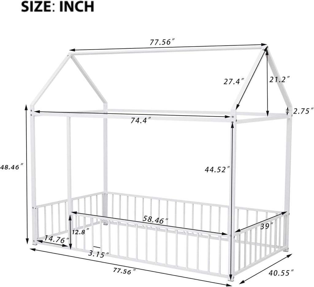Twin Size Montessori Floor Bed, Metal House Bed Frame for Kids, Floor Beds with Fence, White