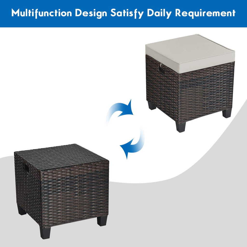 Outdoor Ottoman Set of 2, All Weather Rattan Wicker Patio Ottoman w/Removable Cushions, Outdoor Footstool Footrest
