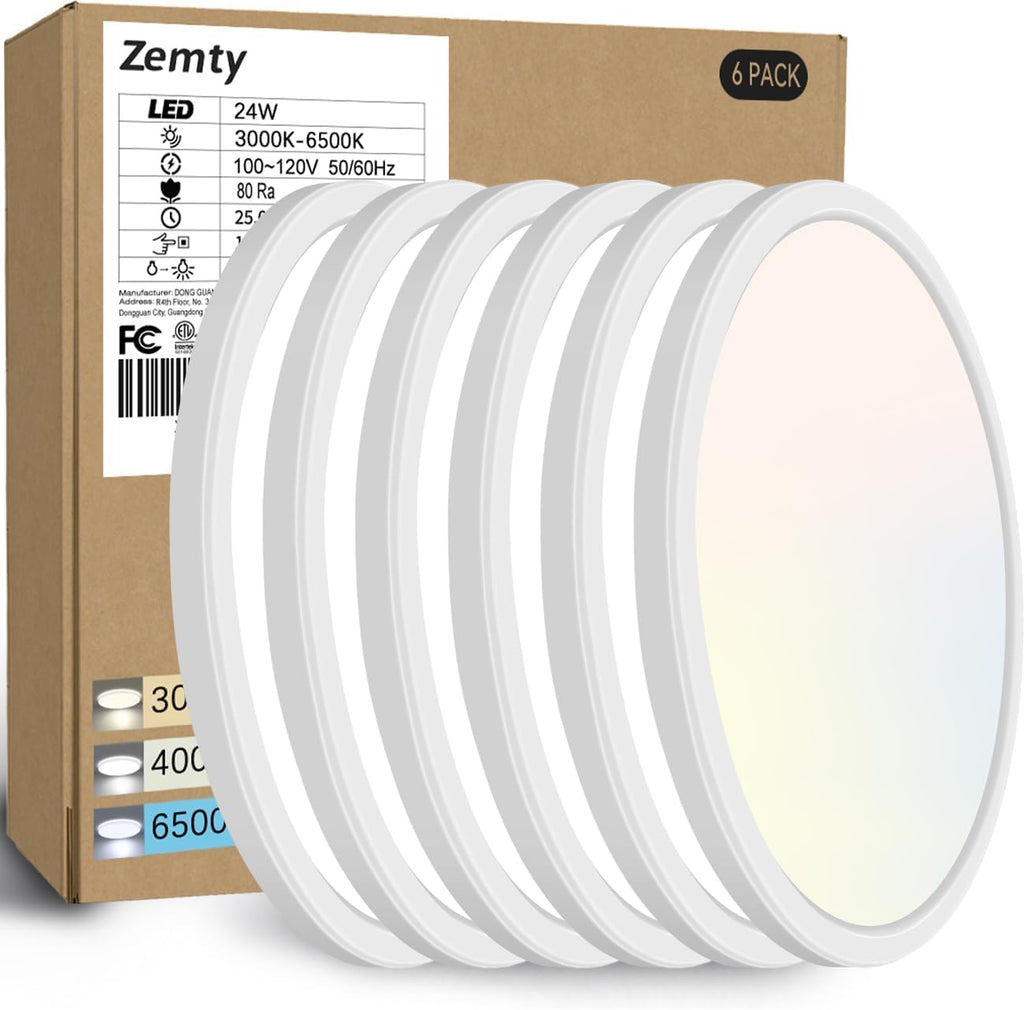 6Pack 12-Inch LED Flush Mount Ceiling Lights, 24W 3200Lumens 5 CCT Adjustable (3000K-6500K), Round Bright Light