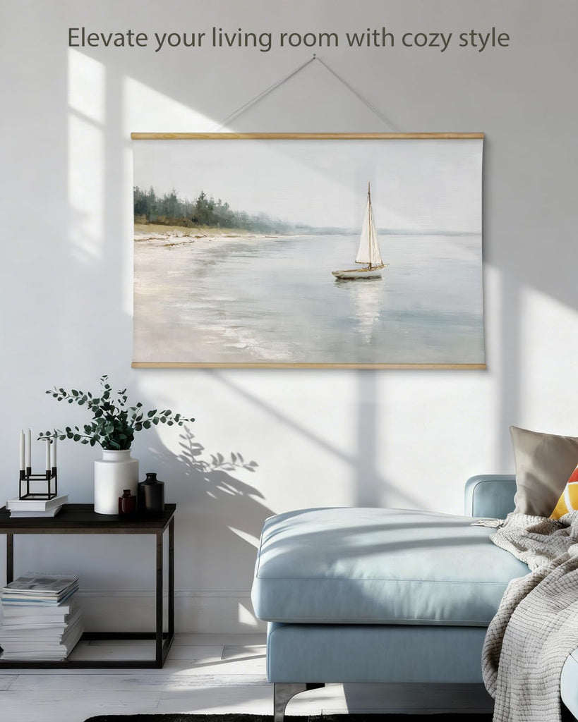 Extra Large Vintage Framed Wall Art, Coastal Ocean Print, 36x54 In