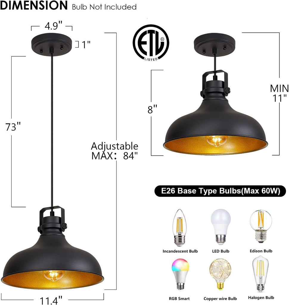 Black Farmhouse Pendant Lights Matte Pendant Lighting for Kitchen Island Industrial Adjustable Height Vintage Dome