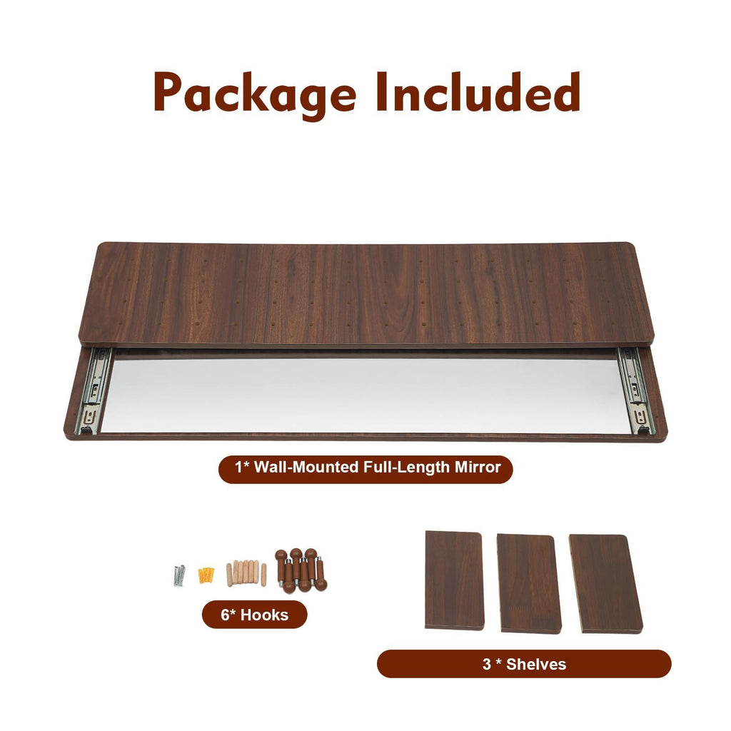 Full Length Mirror with Storage,Wall Mounted Mirror with Pegboard,Rotating Walnut Standing Entryway Mirror