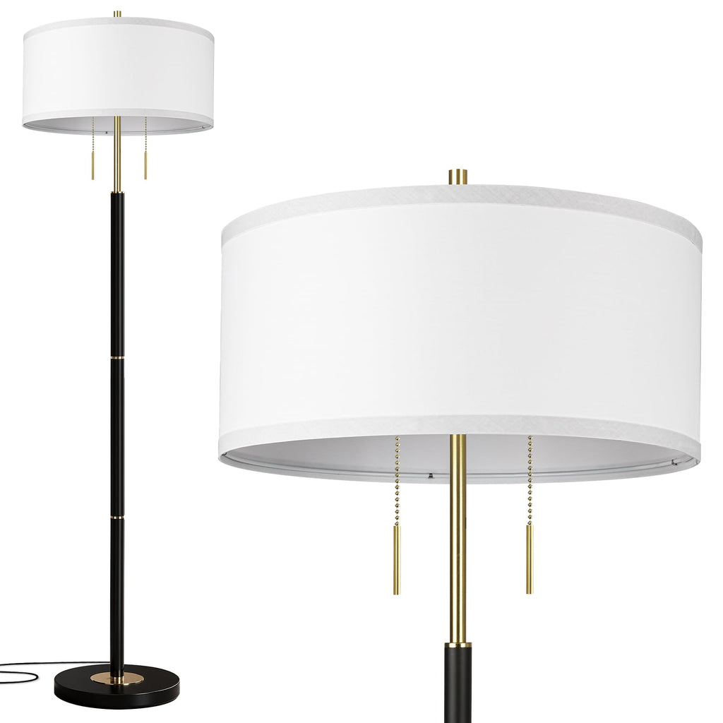 2-Light Mid Century Modern Floor Lamp, Standing Lamp with Fabric Shade and Pull Chain Switch, Tall Floor Lamp Corner