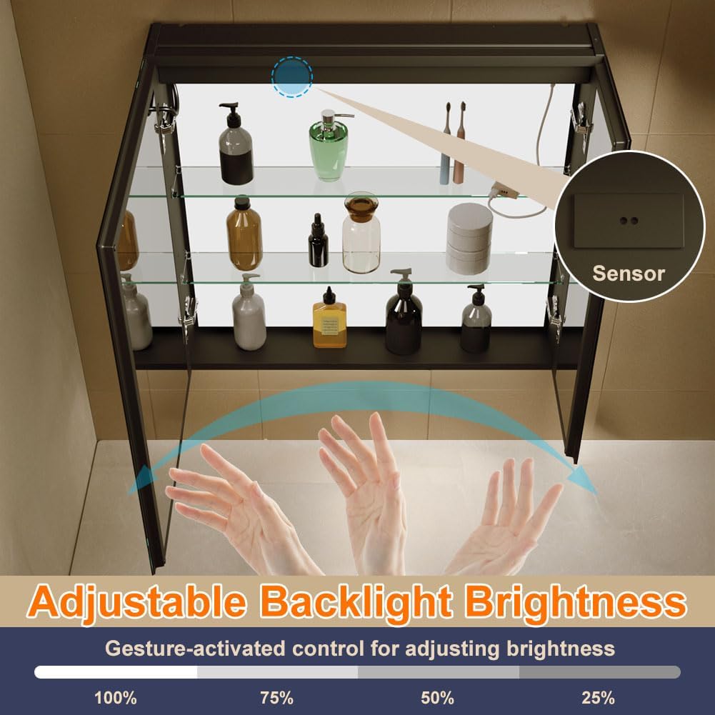 30x28 Inch Aluminum LED Bathroom Mirror Cabinet with Backlit Panel | Light Adjustment, Anti-Fog, Sockets&USBs, High