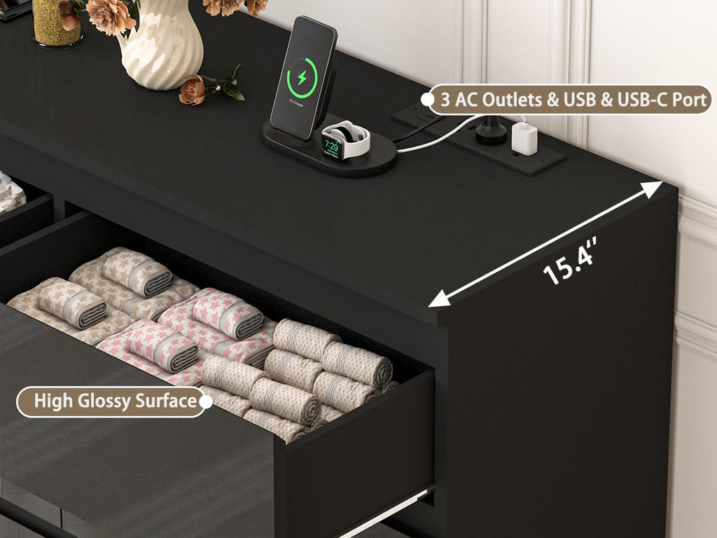 55 INCH 7 Drawers Dresser with Power Outlet, Wide High Gloss Chest of Drawers Large, Modern Storage Drawer Dresser