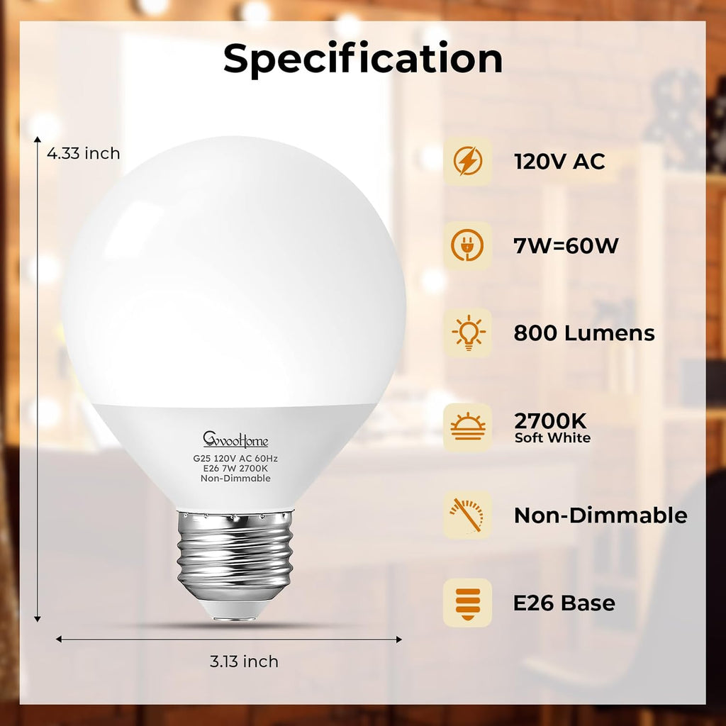 Vanity Light Bulbs, G25 LED Globe Light Bulbs for Makeup Mirror Dressing Room, 60W Equivalent, 2700K Soft White