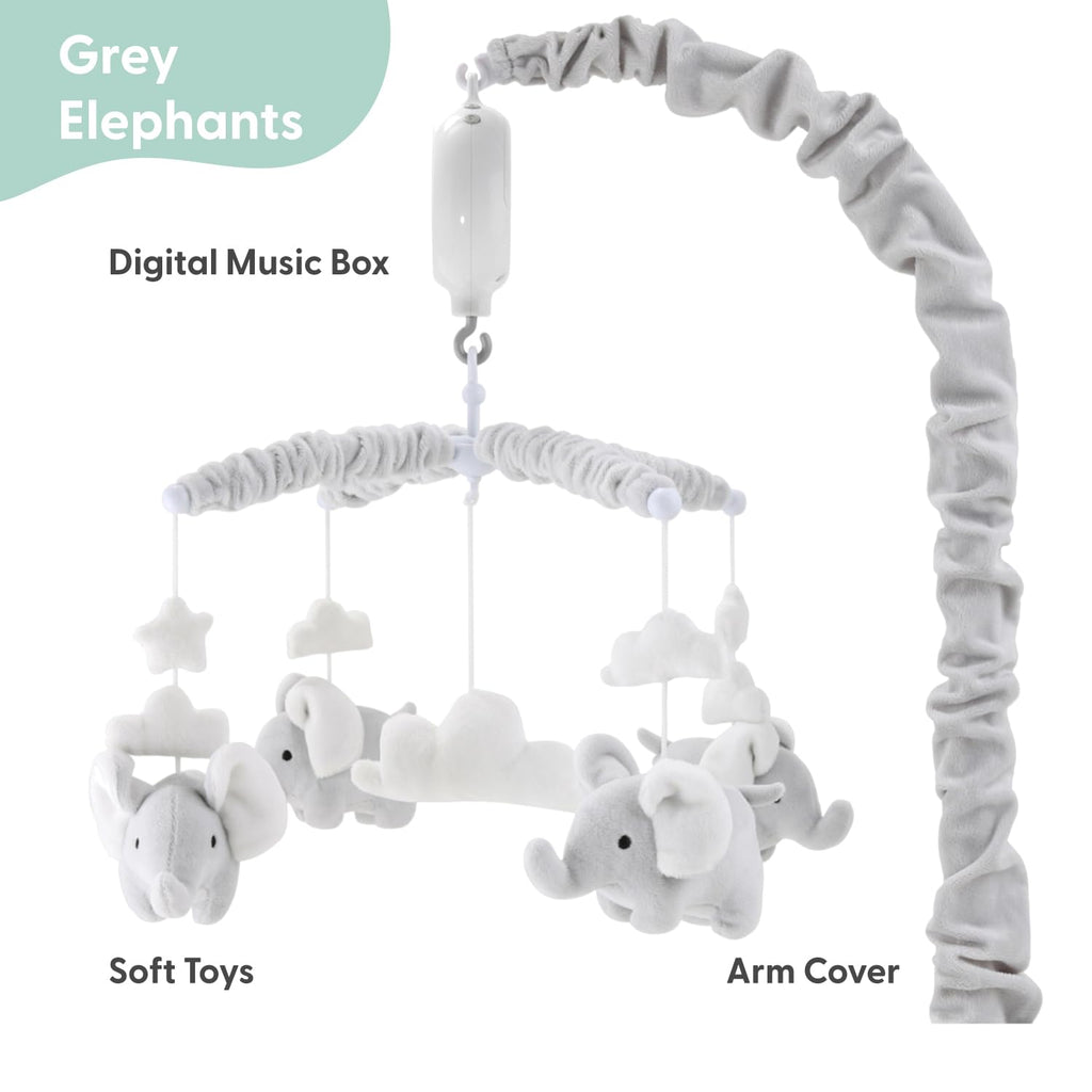Crib Mobile for Girls or Boys - Soft Grey Musical Baby Crib Mobile with 12 Lullabies, Cute Elephant Baby Grey