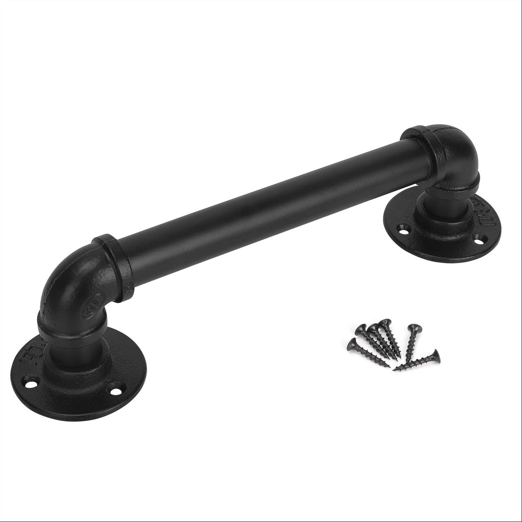 Set of 2 Industrial Pipe Door Pull Handle, Grab Bar, Towel Bar, Antique Rustic Cast Iron Handrail - Matte Black, 12