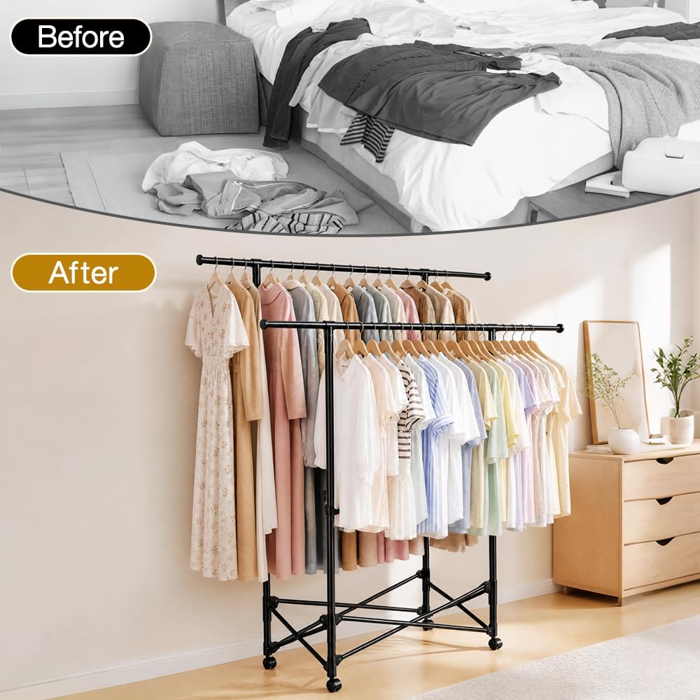 No-assembly Clothes Rack,Double Rod 59-Inch Rolling clothing rack