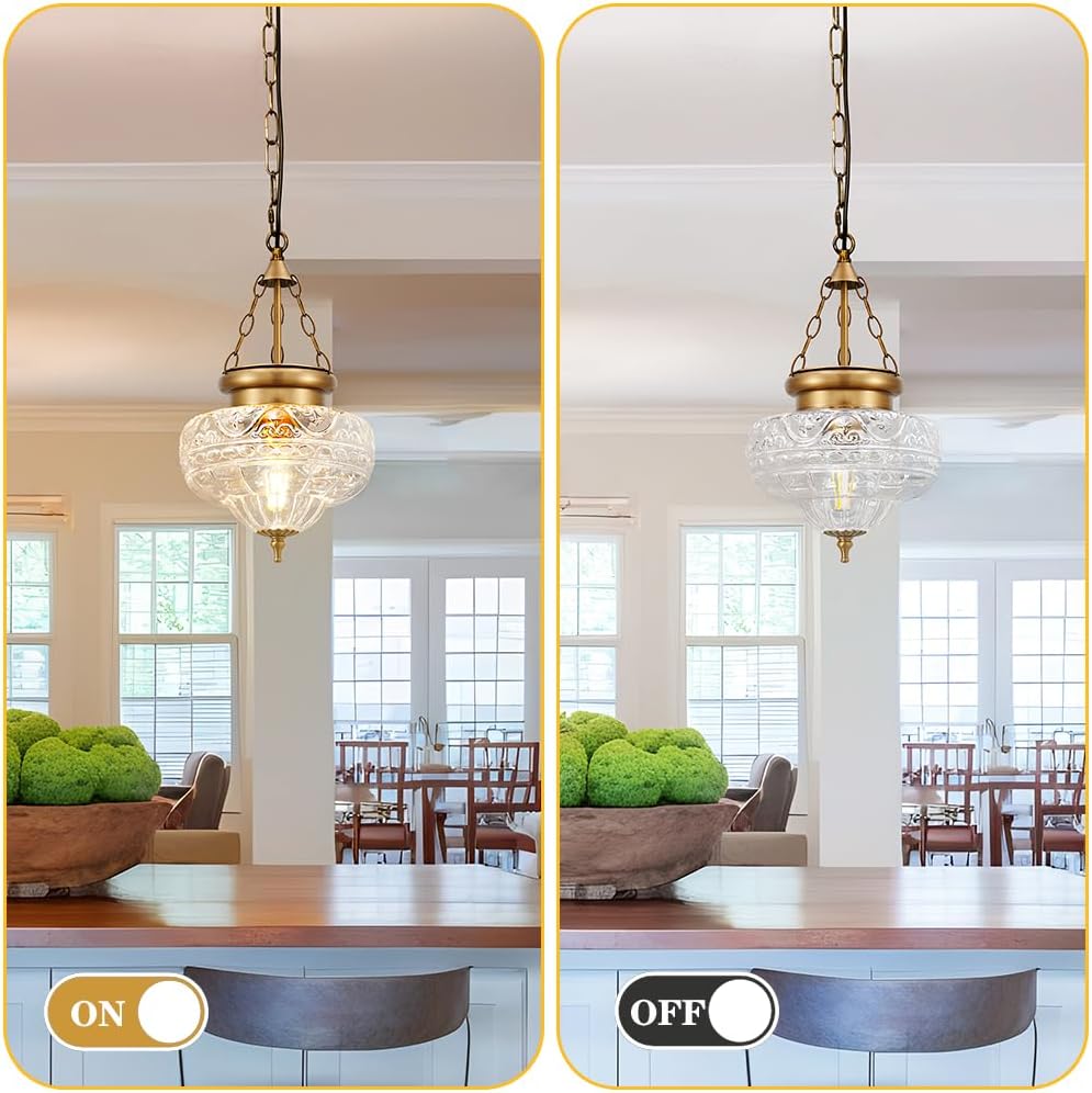 Vintage Brushed Antique Brass Pendant Light for Kitchen Island, Handblown Textured Glass Hanging Light Fixture