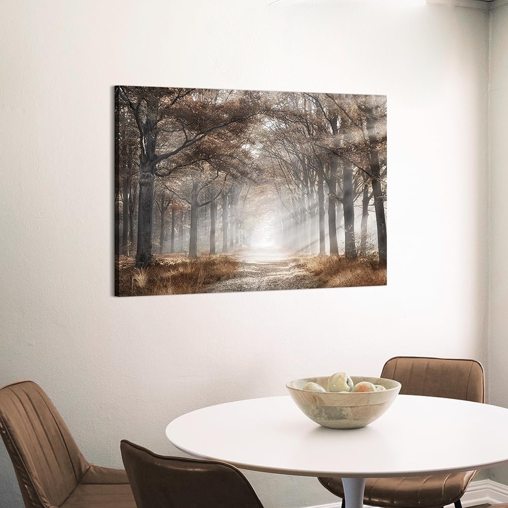 Autumn Forest Picture Wall Art: Large Tree Canvas Prints Morning Sunshine Painting Nature Orange Fall Landscape