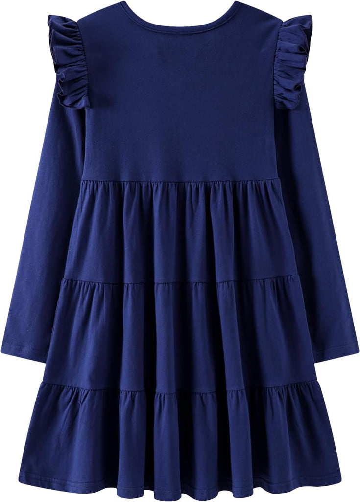 Girls Long Sleeve Dress Cotton Rainbow Color Block Tiered Twirly