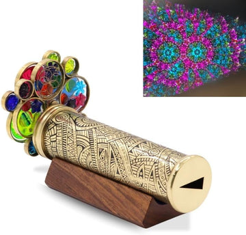 Handmade Tribal Brass Kaleidoscope with Etched Design, Dual Resin Bead Wheels, Three-Mirror System, Lacquer Finish