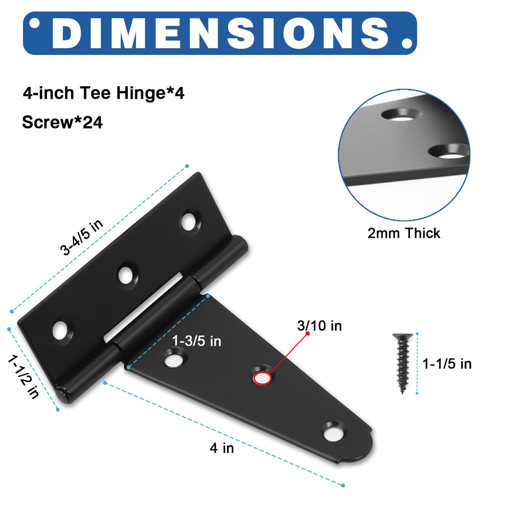 4 Inch T-Strap Gate Hinges, Heavy Duty Black Barn Door Hinges, 4 Pack