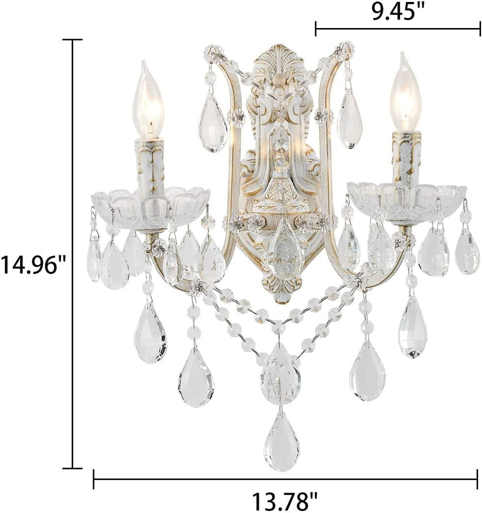 French Country Crystal Wall Sconce, 2-Light Distressed White Gold Candle Style with Teardrop Crystals, Hardwired