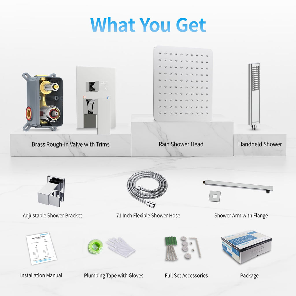 Shower System, 10 Inch High Pressure Wall Mounted Square Shower Faucet Set Complete With Handheld And Valve, Chrome