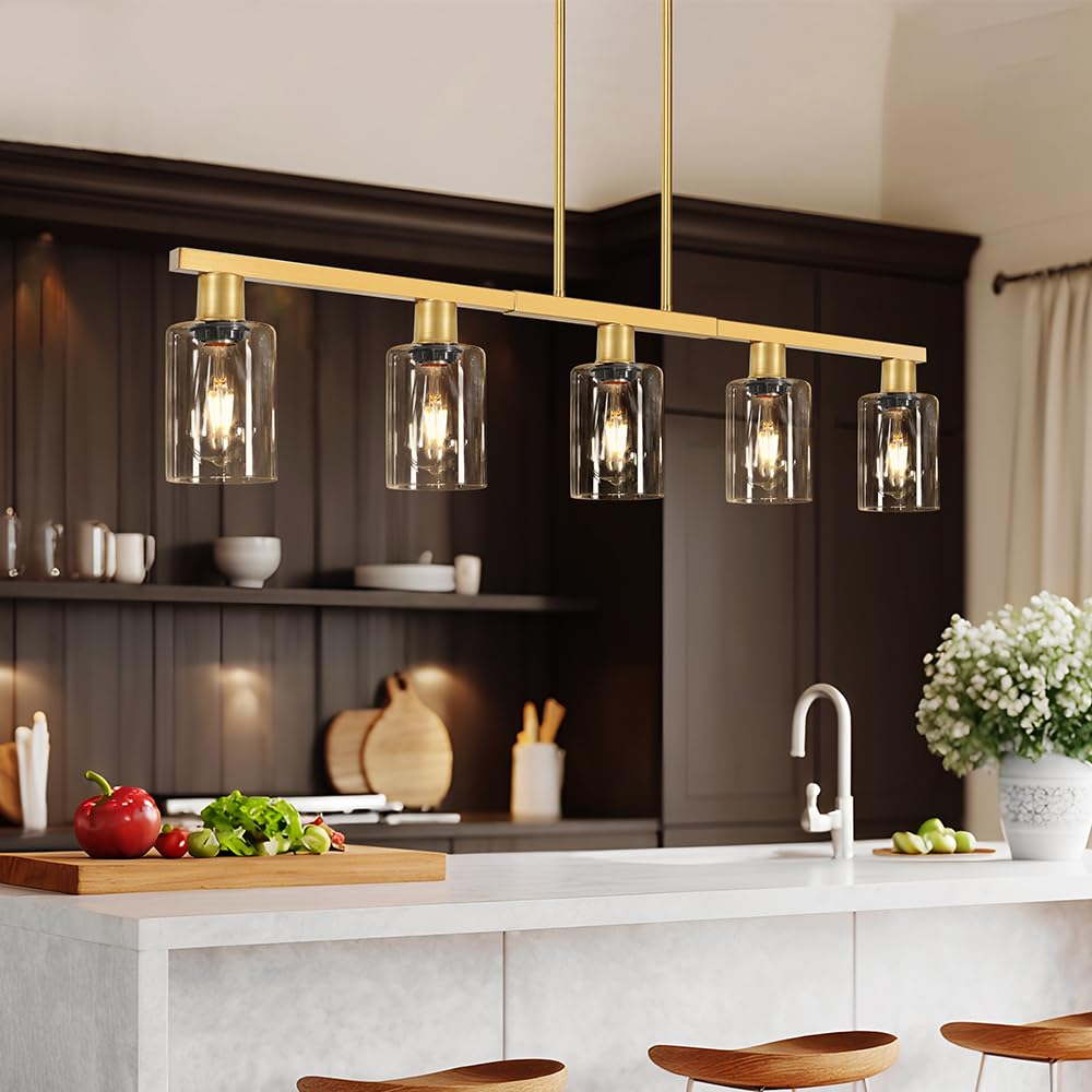 5-Light Kitchen Island Lighting Gold Adjustable Chandelier, Farmhouse Dining Room Light Fixtures Over Table, Height
